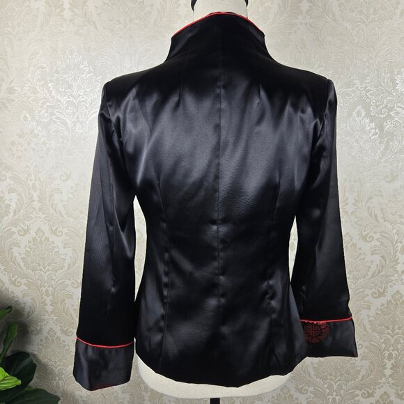 VuahongMei Size Medium Black Satin Zip Front Blazer Red Accents Asian Design - Picture 9 of 13